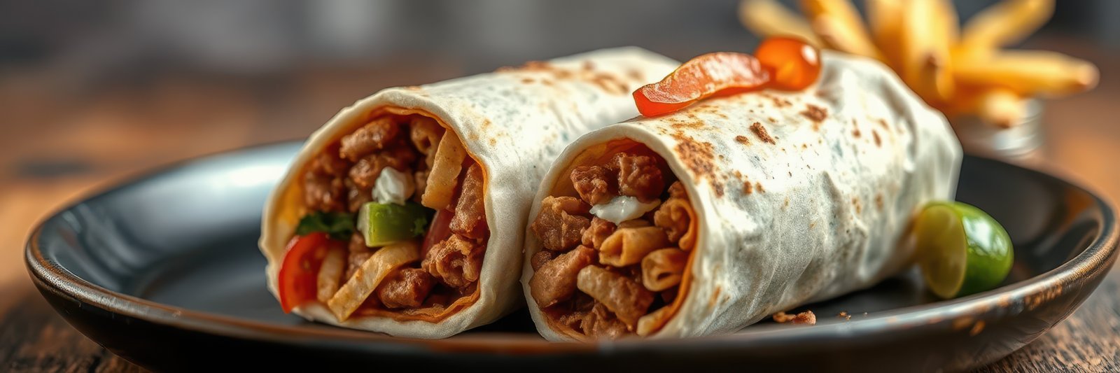 Delicious wrap filled with flavorful meat and fresh vegetables served on a black plate